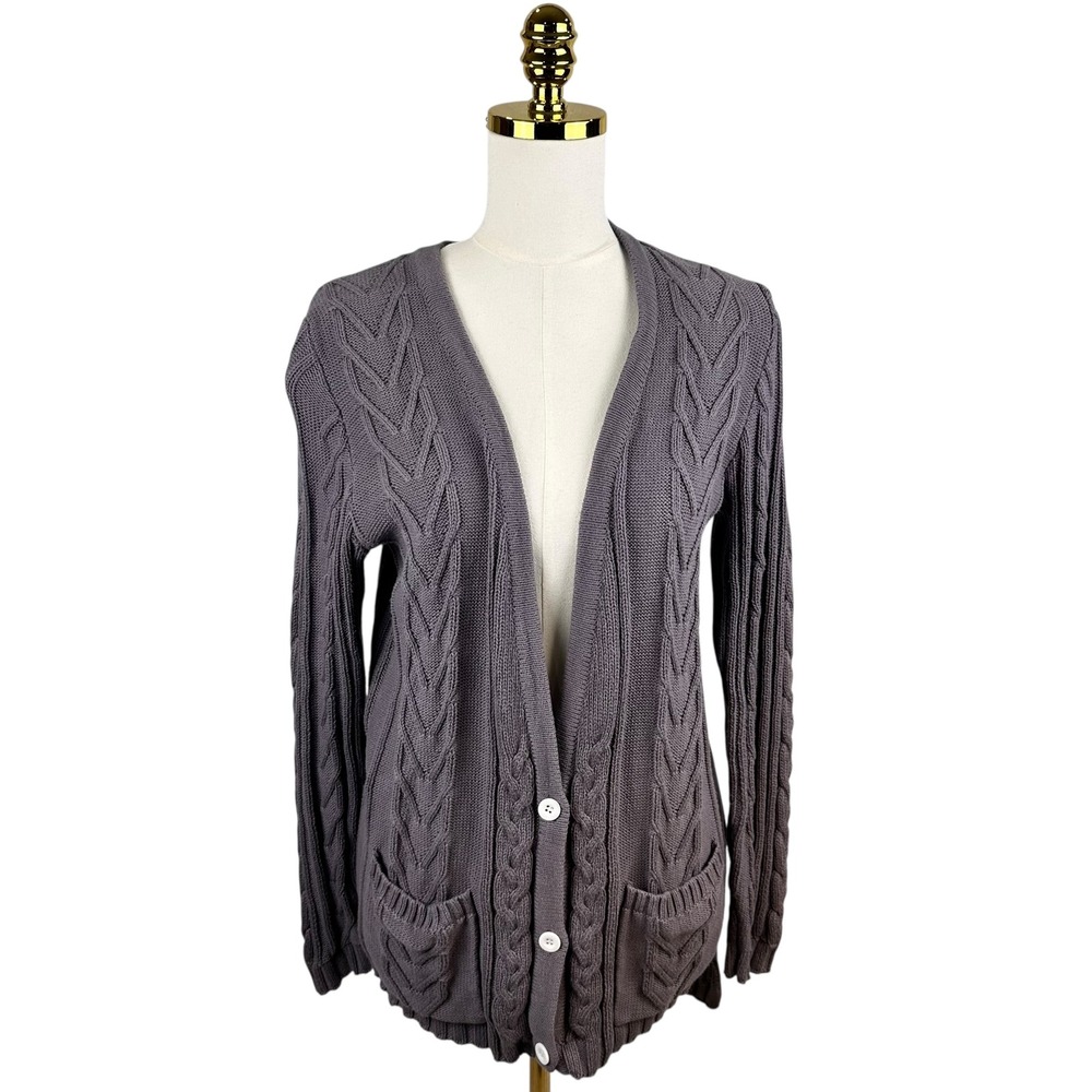 Chunky Charcoal Gray 100% Cotton Cable Knit Grandpa Cardigan Pocket Sweater M